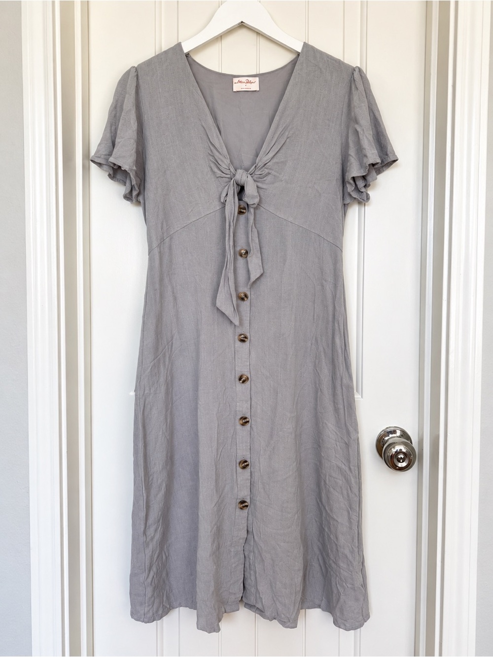 Light Grey Tie-Front Button Midi Dress